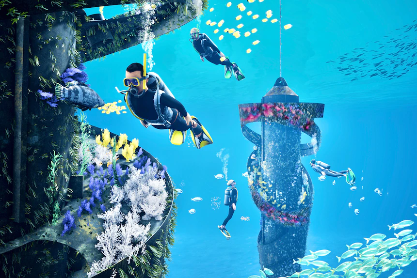Mockup image of Wonder Reef underwater attraction with scuba divers, coral and steel features.